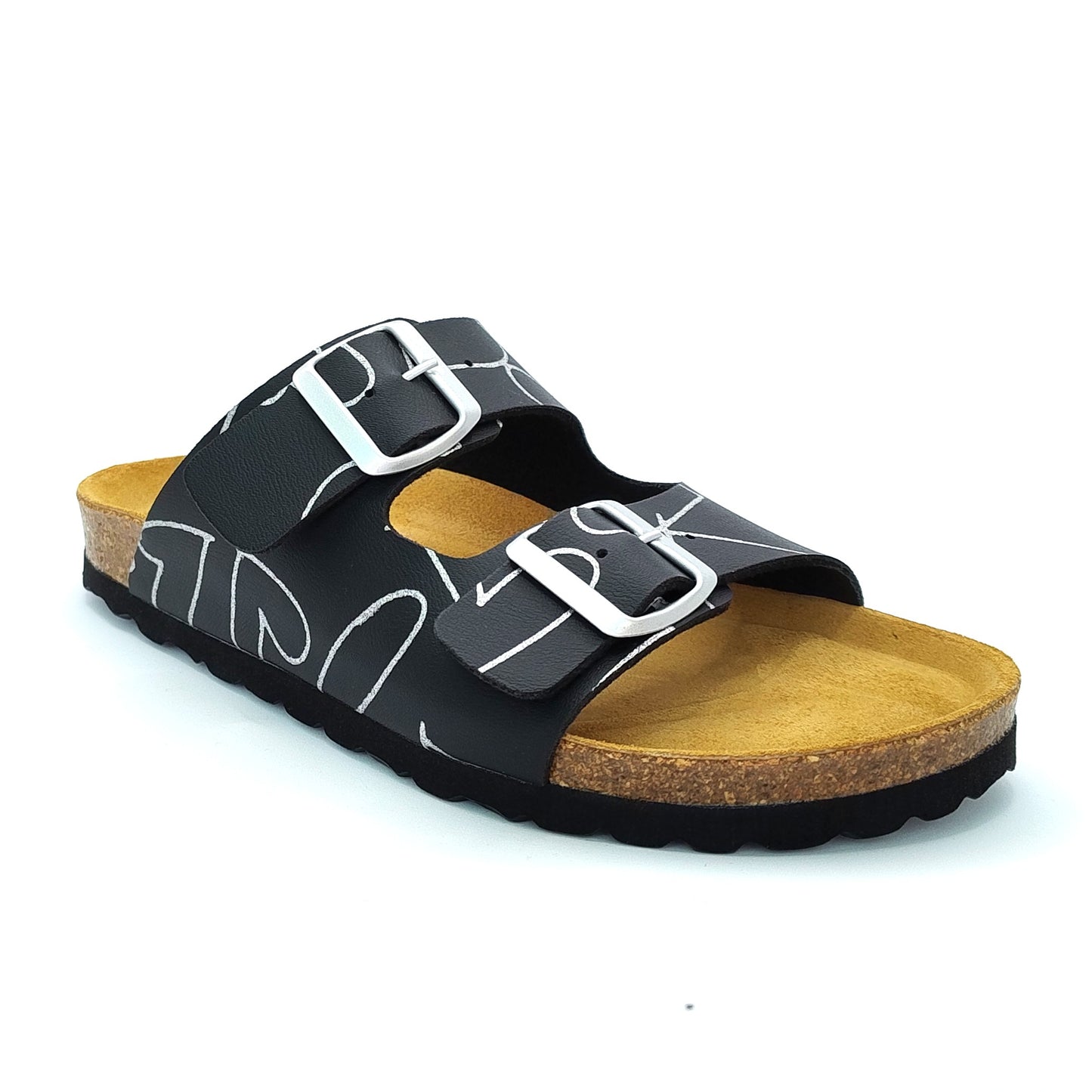 Cosmos Comfort Charon 6108726-9 Women's Twin Strap Adjustable Buckle Glitter Heart Design Mule Sandal Black