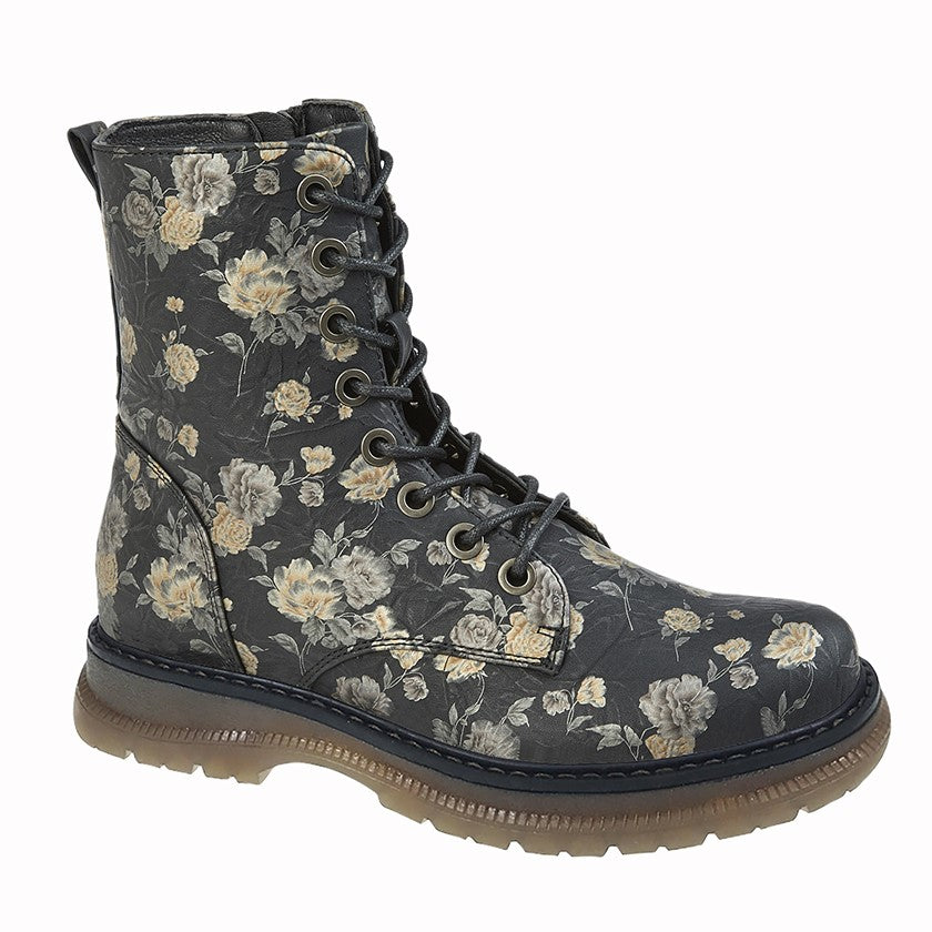 Cipriata Annetta Women's Lace/Zip Military Style Memory Foam Boot Black Bronze Floral