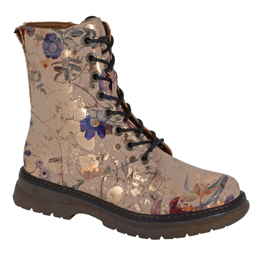 Cipriata Annetta Women's Lace/Zip Military Style Memory Foam Boot Ecru Gold Floral