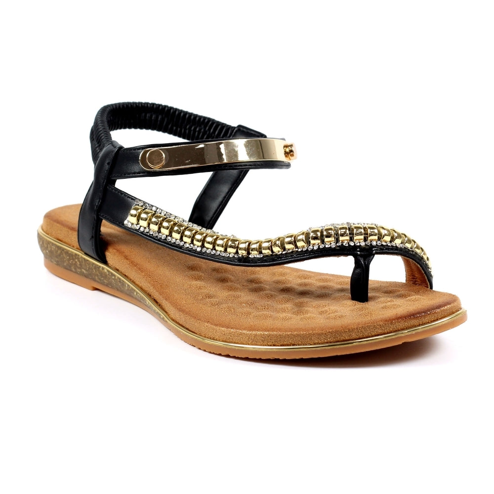 Lunar Asia Women's Gold Plated and Diamante Decorated Toe Loop Sandal Black