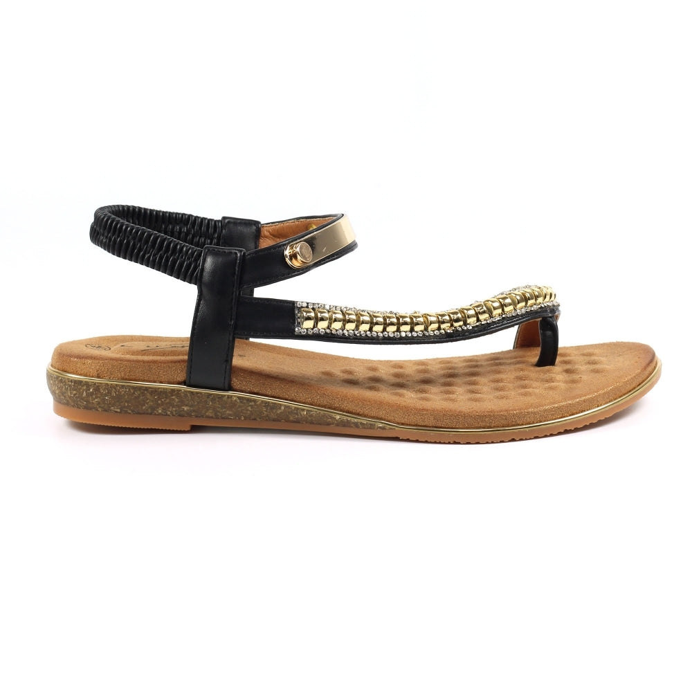 Lunar Asia Women's Gold Plated and Diamante Decorated Toe Loop Sandal Black