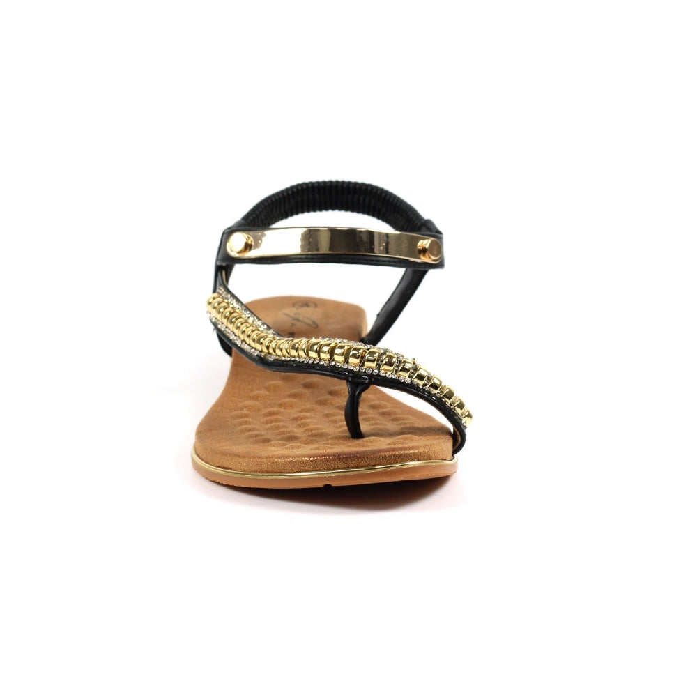 Lunar Asia Women's Gold Plated and Diamante Decorated Toe Loop Sandal Black