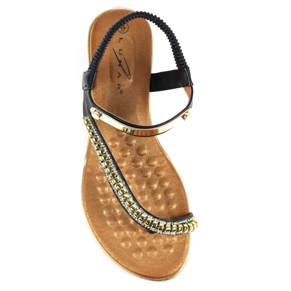 Lunar Asia Women's Gold Plated and Diamante Decorated Toe Loop Sandal Black