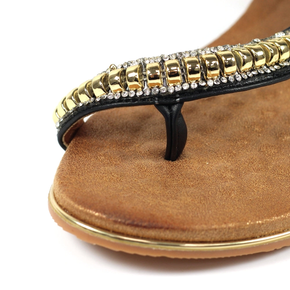 Lunar Asia Women's Gold Plated and Diamante Decorated Toe Loop Sandal Black