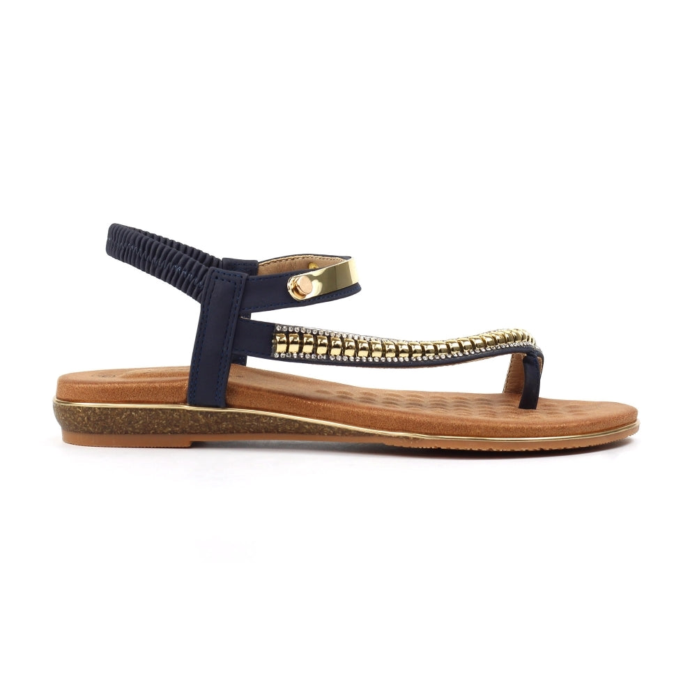 Lunar Asia Women's Gold Plated and Diamante Decorated Toe Loop Sandal Navy