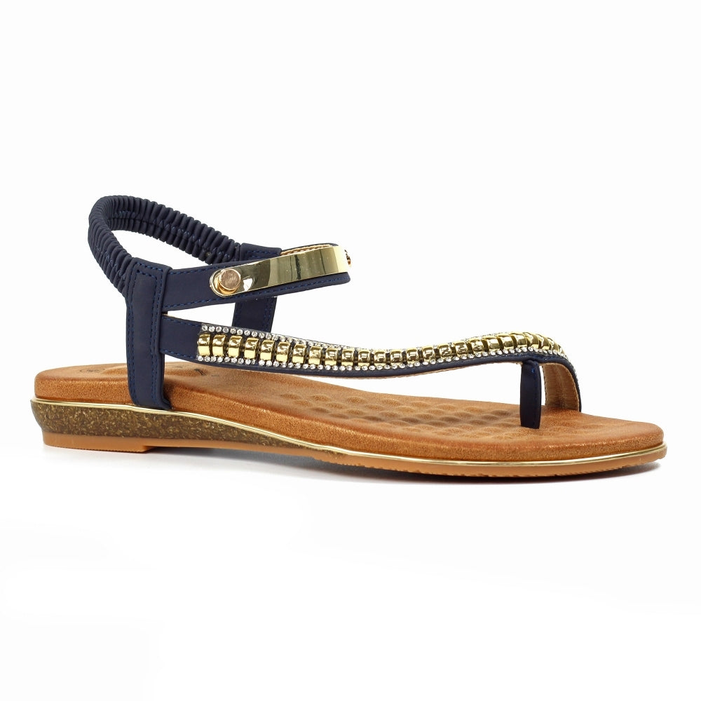 Lunar Asia Women's Gold Plated and Diamante Decorated Toe Loop Sandal Navy
