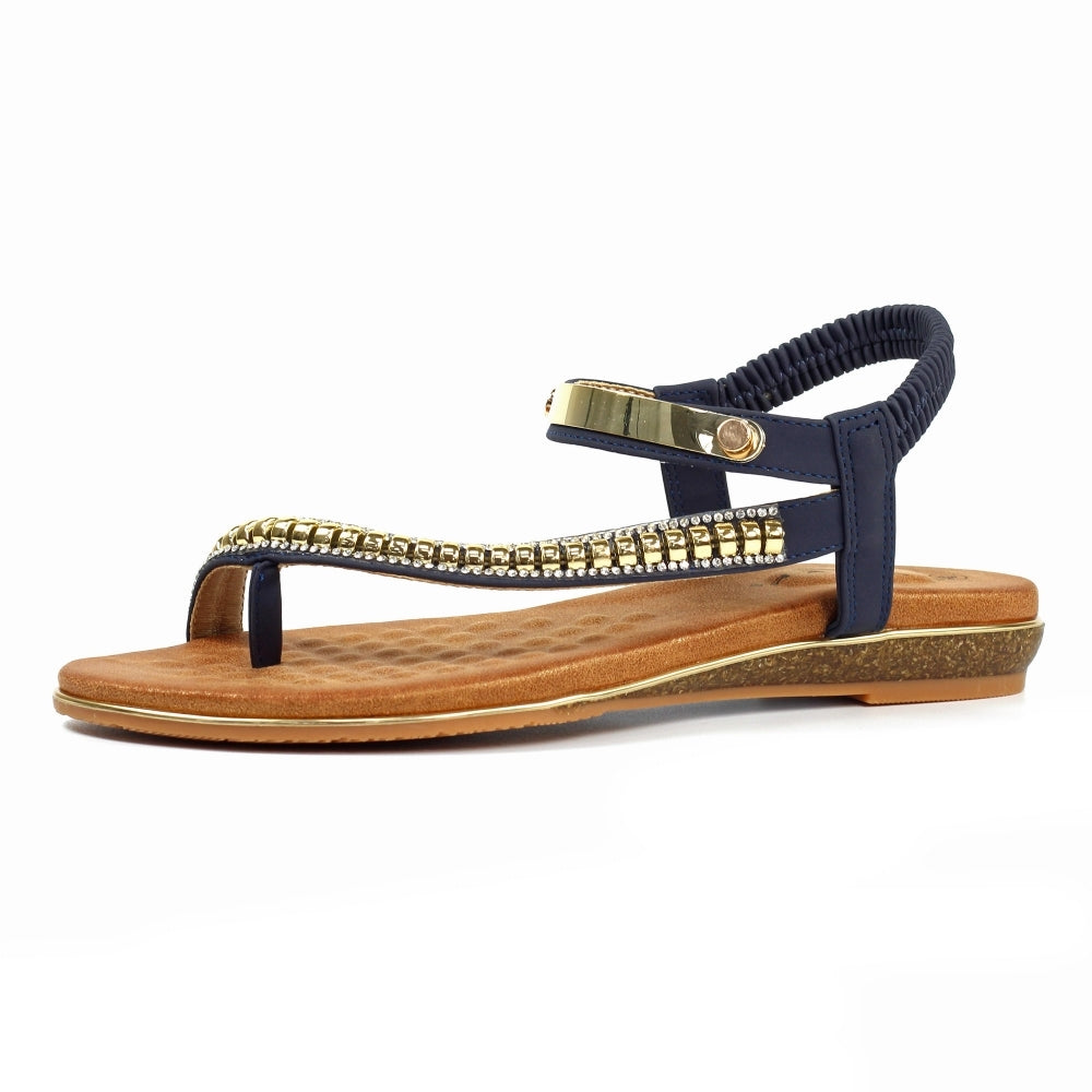 Lunar Asia Women's Gold Plated and Diamante Decorated Toe Loop Sandal Navy