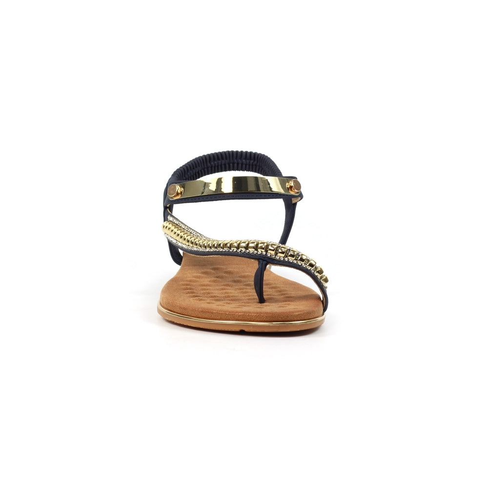 Lunar Asia Women's Gold Plated and Diamante Decorated Toe Loop Sandal Navy