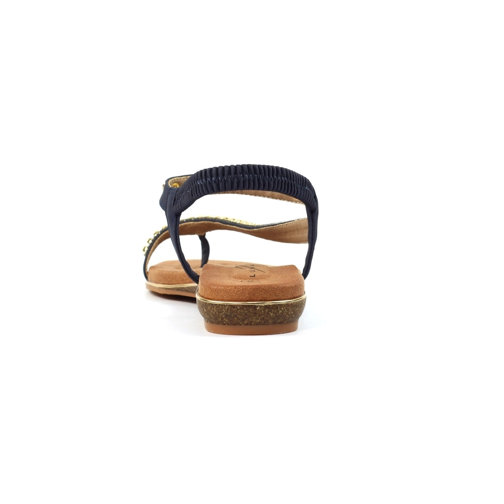 Lunar Asia Women's Gold Plated and Diamante Decorated Toe Loop Sandal Navy