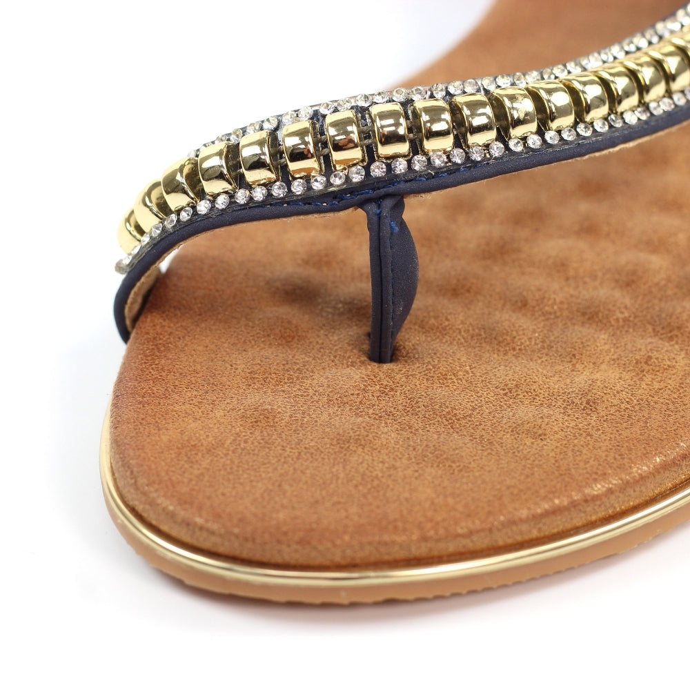 Lunar Asia Women's Gold Plated and Diamante Decorated Toe Loop Sandal Navy