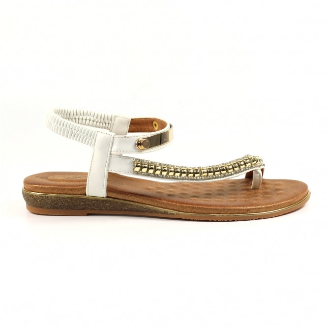 Lunar Asia Women's Gold Plated and Diamante Decorated Toe Loop Sandal White