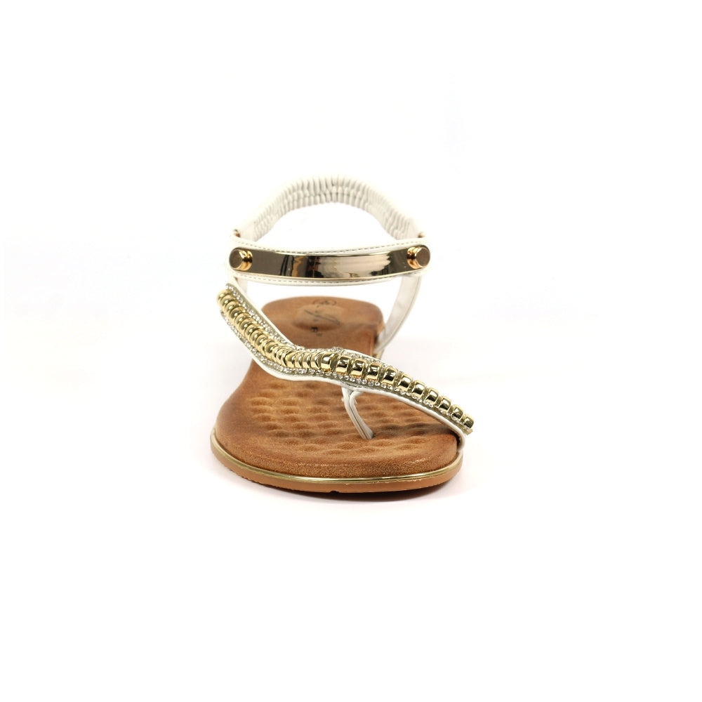 Lunar Asia Women's Gold Plated and Diamante Decorated Toe Loop Sandal White