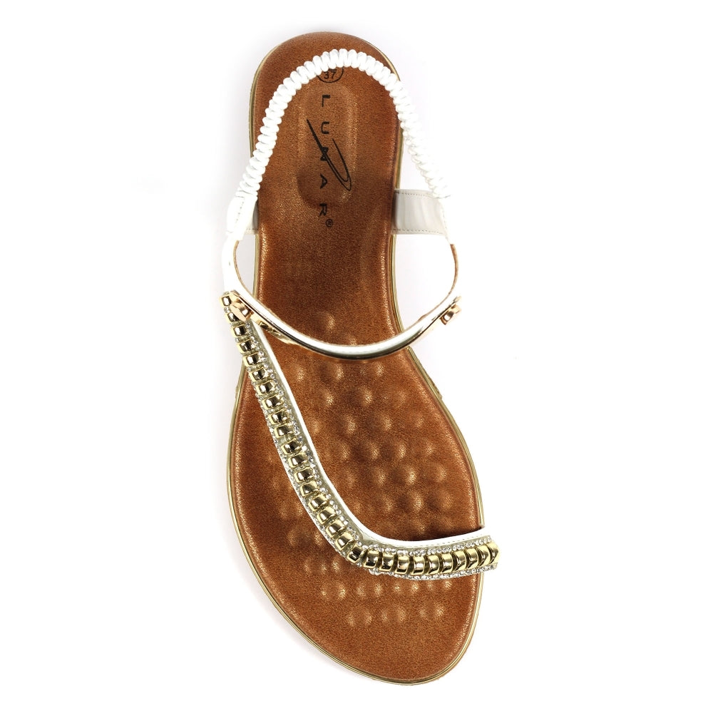 Lunar Asia Women's Gold Plated and Diamante Decorated Toe Loop Sandal White