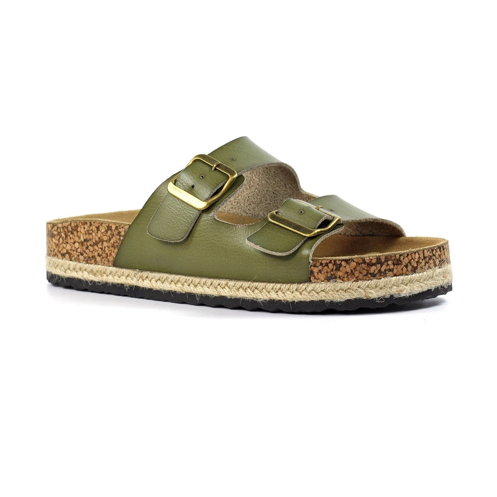 Lunar Belinda Women's Woven Hessian Twin Buckle Sandal Khaki