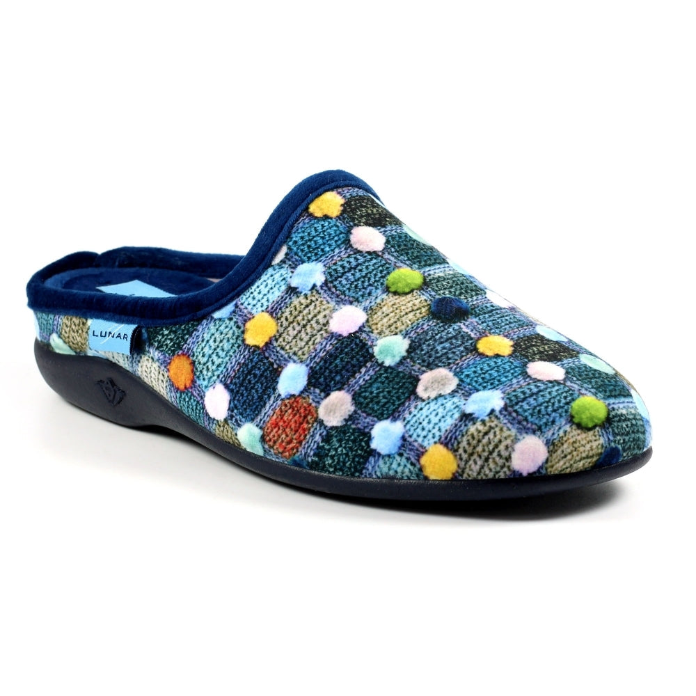 Lunar Crackle Women's Padded Insole Patterned Mule Slipper Pom Pom Effect MACHINE WASHABLE Blue