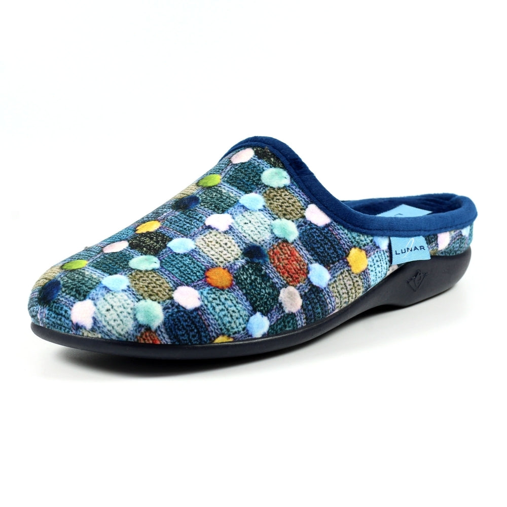 Lunar Crackle Women's Padded Insole Patterned Mule Slipper Pom Pom Effect MACHINE WASHABLE Blue