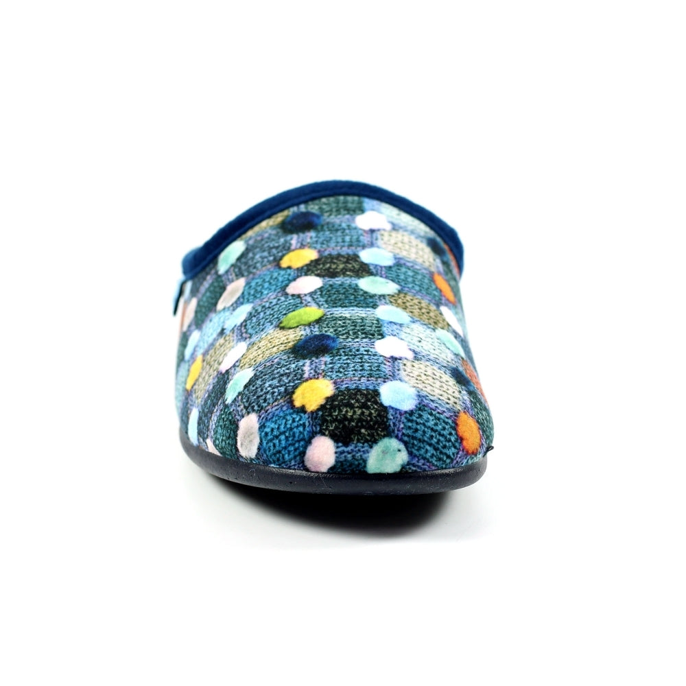 Lunar Crackle Women's Padded Insole Patterned Mule Slipper Pom Pom Effect MACHINE WASHABLE Blue