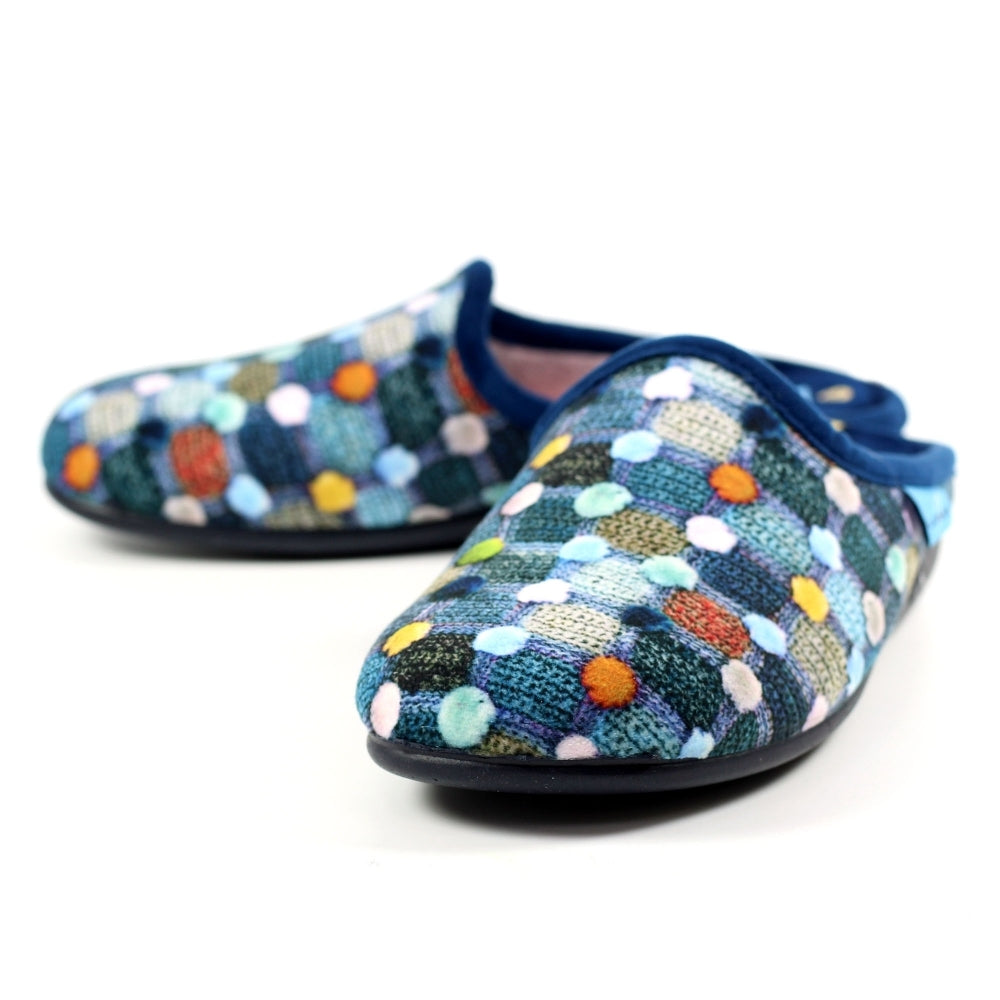 Lunar Crackle Women's Padded Insole Patterned Mule Slipper Pom Pom Effect MACHINE WASHABLE Blue