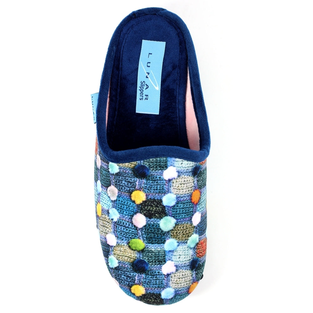 Lunar Crackle Women's Padded Insole Patterned Mule Slipper Pom Pom Effect MACHINE WASHABLE Blue