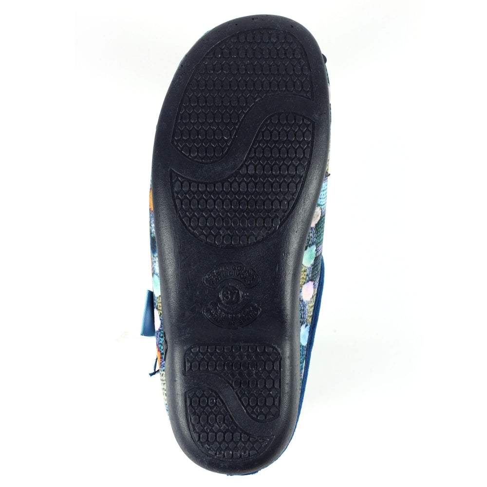 Lunar Crackle Women's Padded Insole Patterned Mule Slipper Pom Pom Effect MACHINE WASHABLE Blue