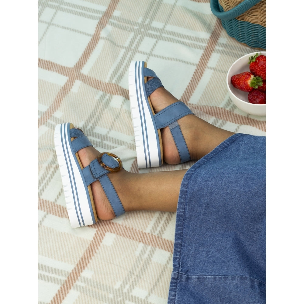 Lunar Elise Women's Chunky Sole Slingback Touch Fastening Strap Open Toe Sandal Mid Blue