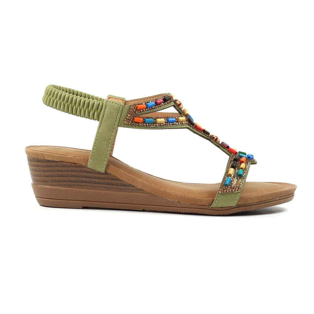 Lunar Epsom Women's Beaded Wedge Sandal Khaki