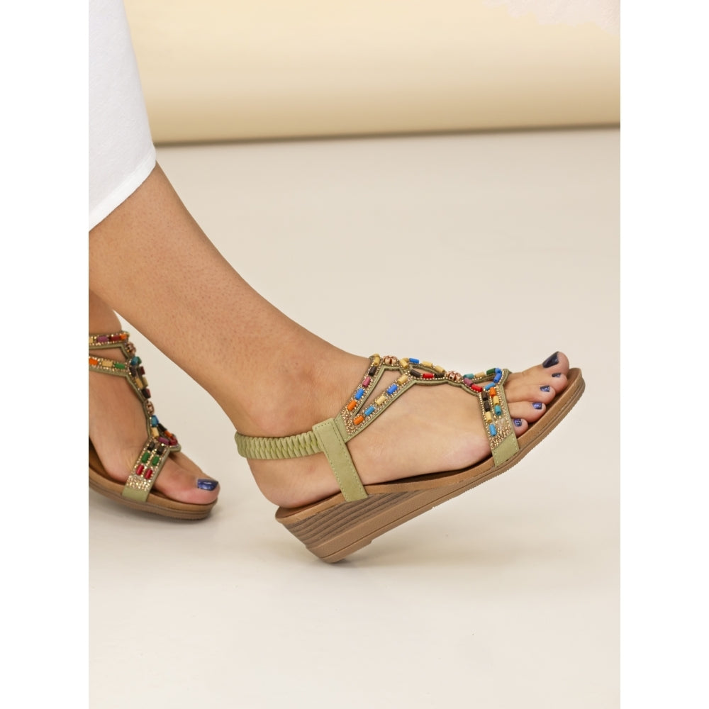Lunar Epsom Women's Beaded Wedge Sandal Khaki