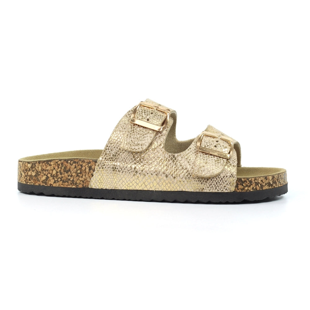 Lunar Mykonos Women's Snakeskin Print Twin Buckle Sandal Gold