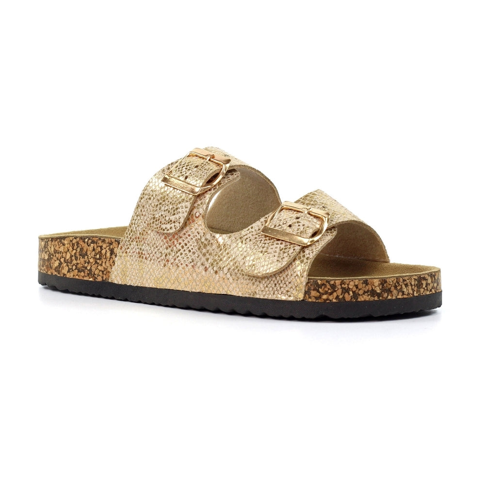 Lunar Mykonos Women's Snakeskin Print Twin Buckle Sandal Gold