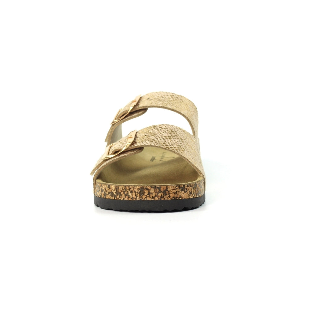 Lunar Mykonos Women's Snakeskin Print Twin Buckle Sandal Gold