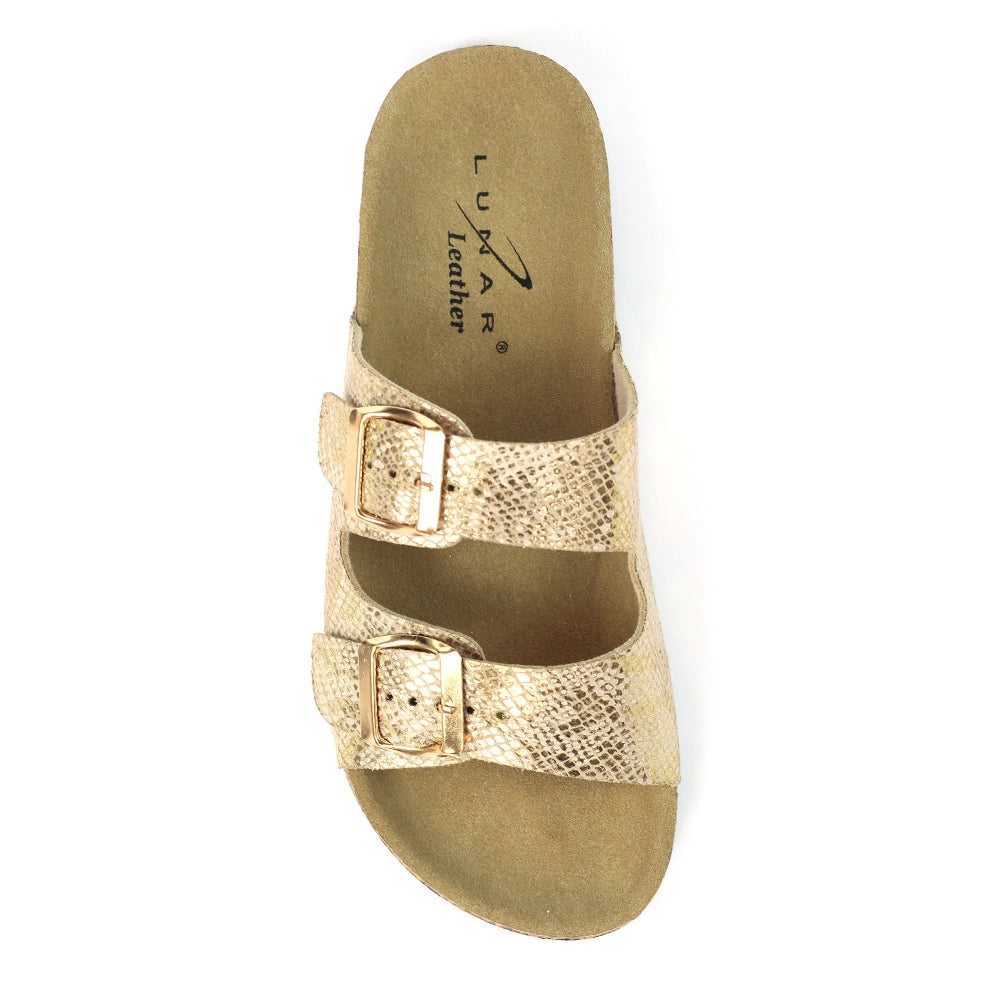 Lunar Mykonos Women's Snakeskin Print Twin Buckle Sandal Gold