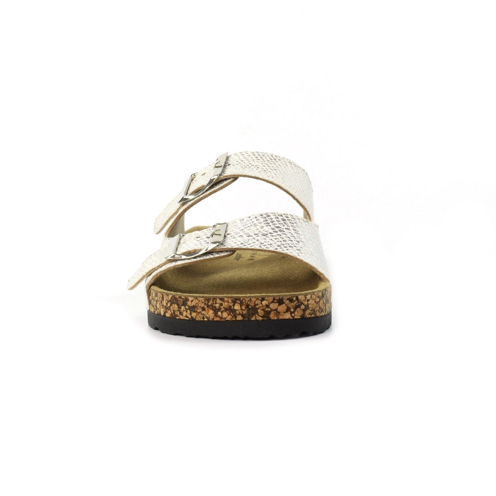 Lunar Mykonos Women's Snakeskin Print Twin Buckle Sandal Silver