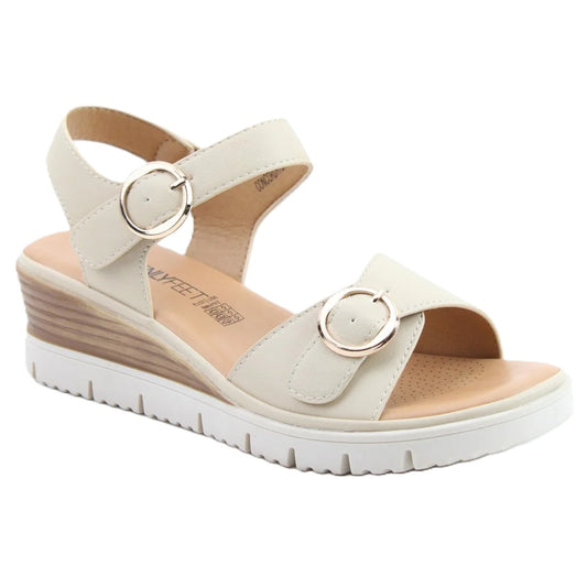 Heavenly Feet Concord Women's 2 Buckle Strap Wedge Sandal Beige