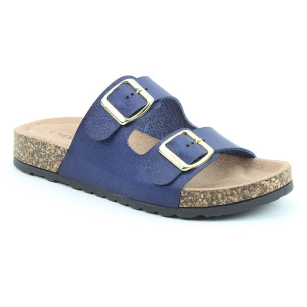 Heavenly Feet Harmony Women's Lightweight Twin Buckle Slip On Mule Slider Navy