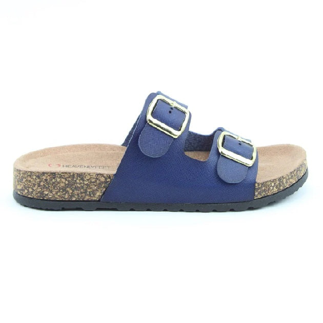 Heavenly Feet Harmony Women's Lightweight Twin Buckle Slip On Mule Slider Navy