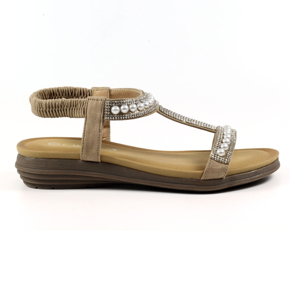 Lunar Tancy Women's T Bar Slingback Diamante Sandal Beige