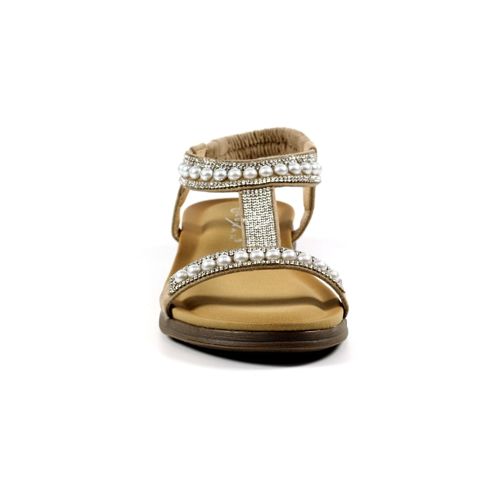 Lunar Tancy Women's T Bar Slingback Diamante Sandal Beige