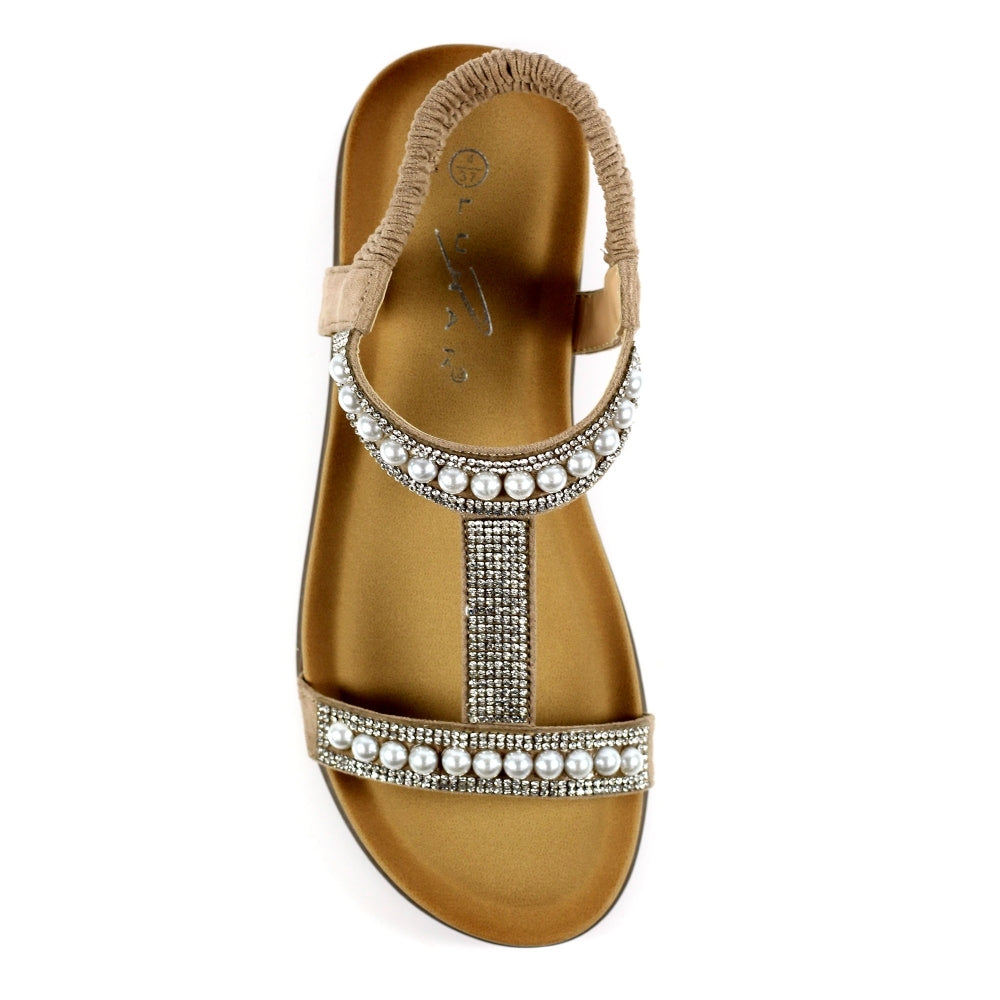 Lunar Tancy Women's T Bar Slingback Diamante Sandal Beige