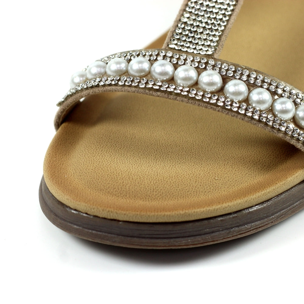 Lunar Tancy Women's T Bar Slingback Diamante Sandal Beige