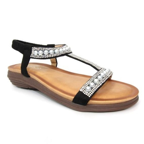 Lunar Tancy Women's T Bar Slingback Diamante Sandal Black