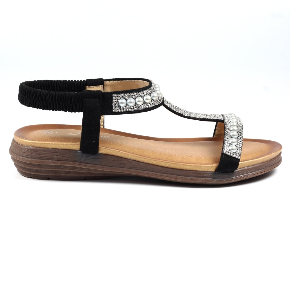 Lunar Tancy Women's T Bar Slingback Diamante Sandal Black