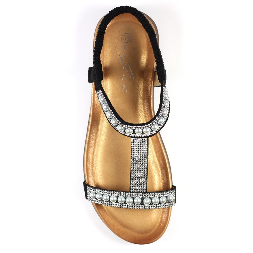 Lunar Tancy Women's T Bar Slingback Diamante Sandal Black