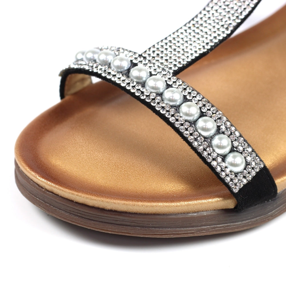 Lunar Tancy Women's T Bar Slingback Diamante Sandal Black