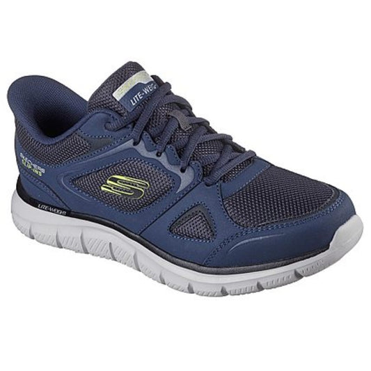 Skechers Track Ezral Men's Slip In Leather & Mesh Lace Up Memory Foam Trainer Navy/Lime