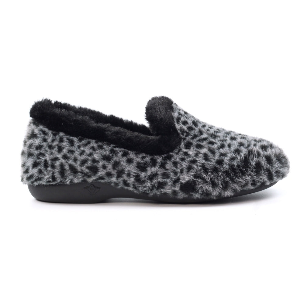 Lunar Tripoli Women's Slip On Faux Fur Machine Washable Slipper Black Ocelot