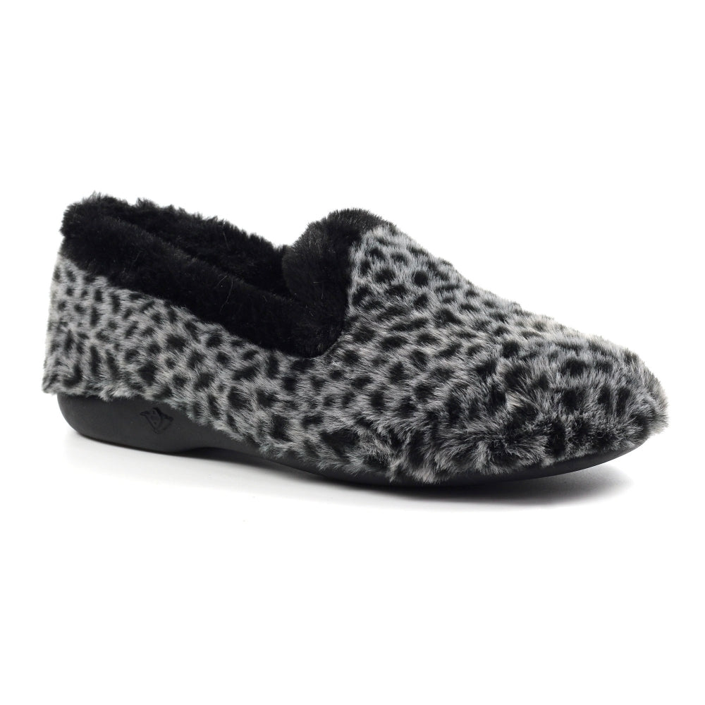 Lunar Tripoli Women's Slip On Faux Fur Machine Washable Slipper Black Ocelot