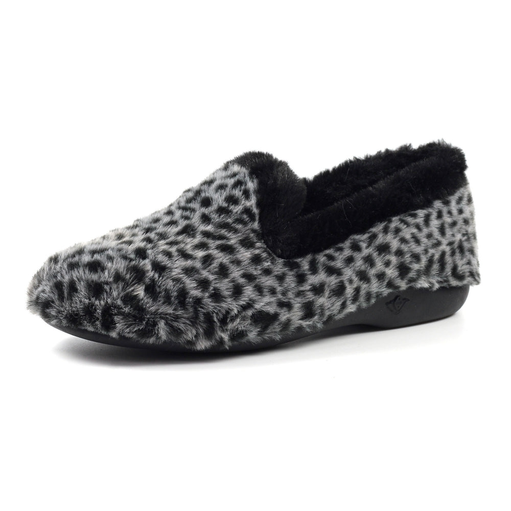 Lunar Tripoli Women's Slip On Faux Fur Machine Washable Slipper Black Ocelot
