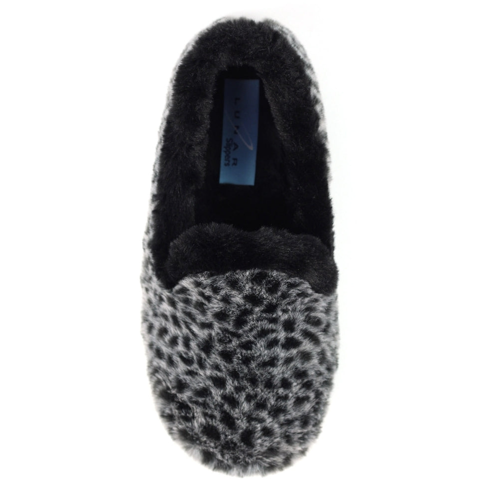 Lunar Tripoli Women's Slip On Faux Fur Machine Washable Slipper Black Ocelot